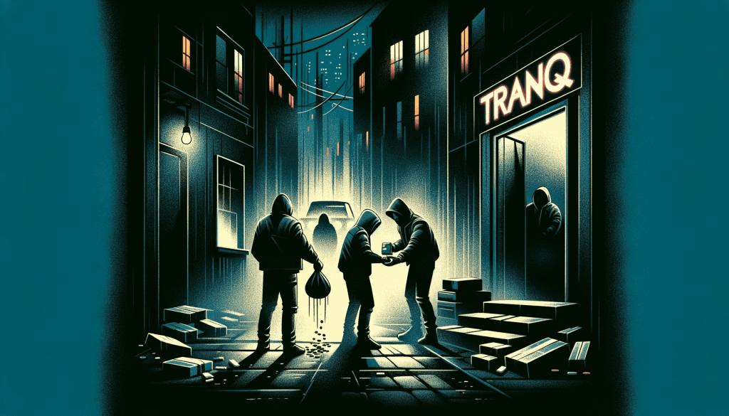 A shadowy exchange in an alleyway with the word "TRANQ" displayed